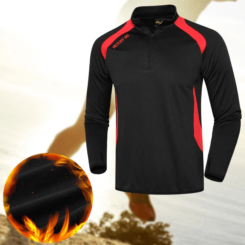 Long-sleeve fleece sports top with finger holes and neon accents for visibility, perfect for performance running. Model SF2078.